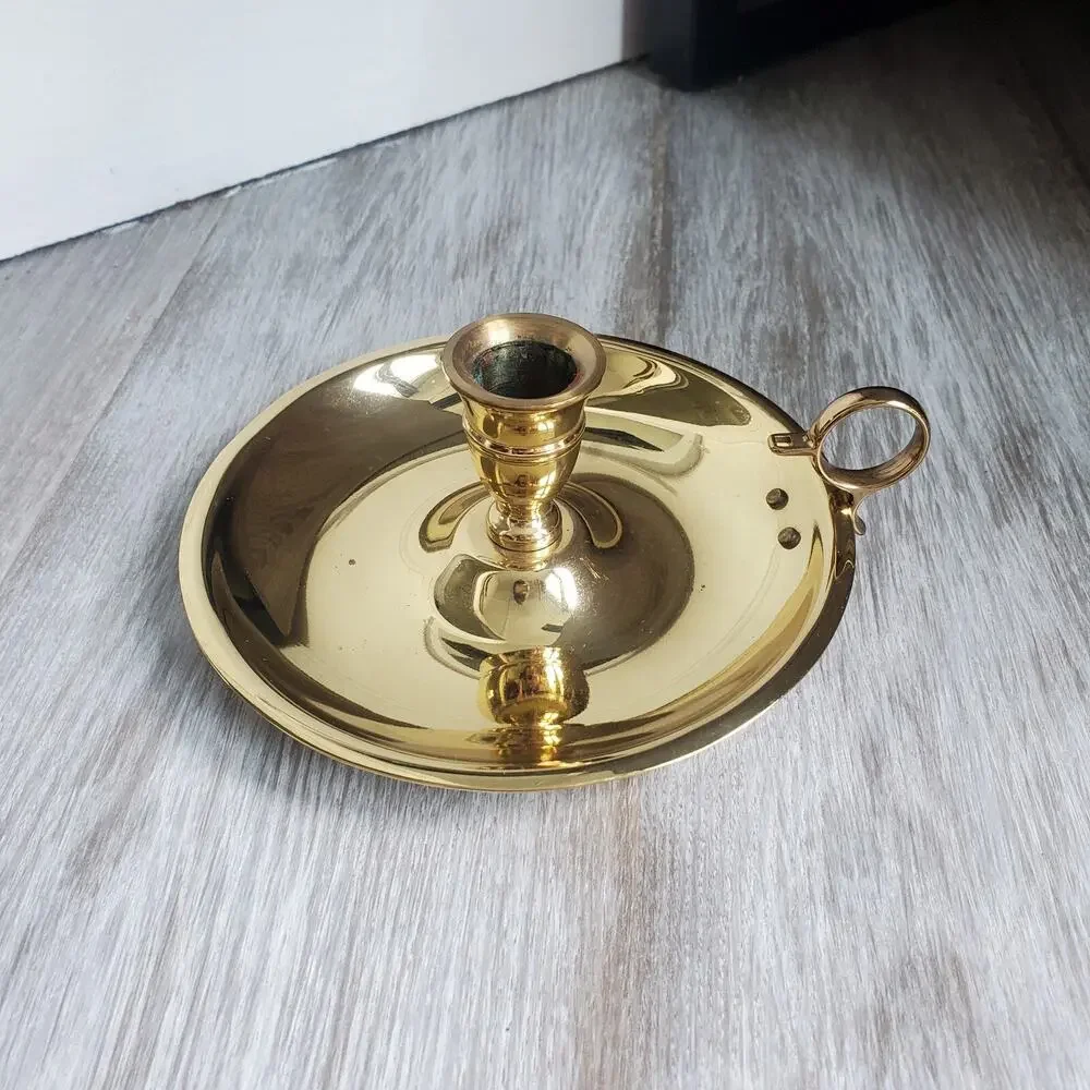 Vintage Gold Brass Candle Holder Stick Ring Thumb Grip Handle